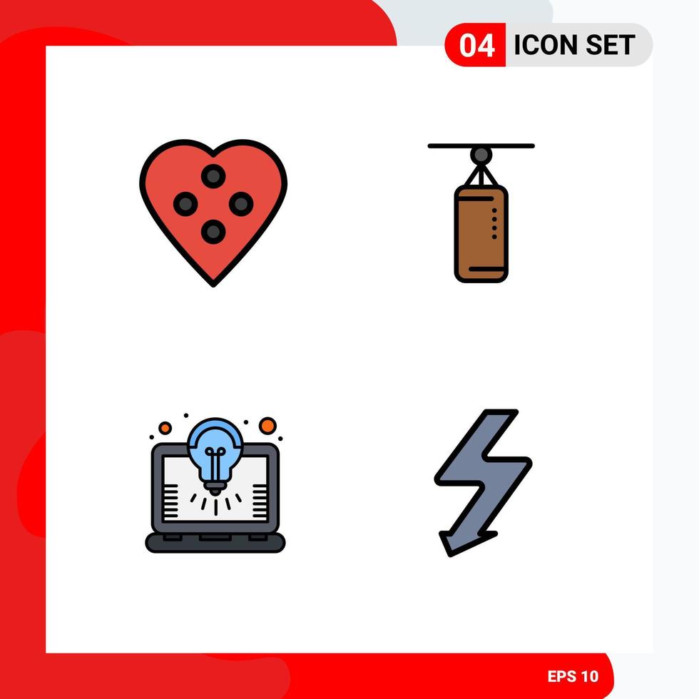 4 User Interface Filledline Flat Color Pack of modern Signs and Symbols of button bulb heart button boxing laptop Editable Vector Design Elements