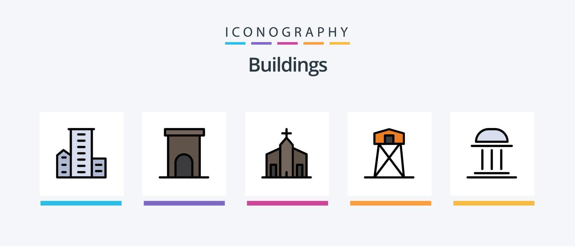 la línea de edificios llenó el paquete de 5 iconos, incluida la iglesia. edificio. columna. río. puerto. diseño de iconos creativos vector