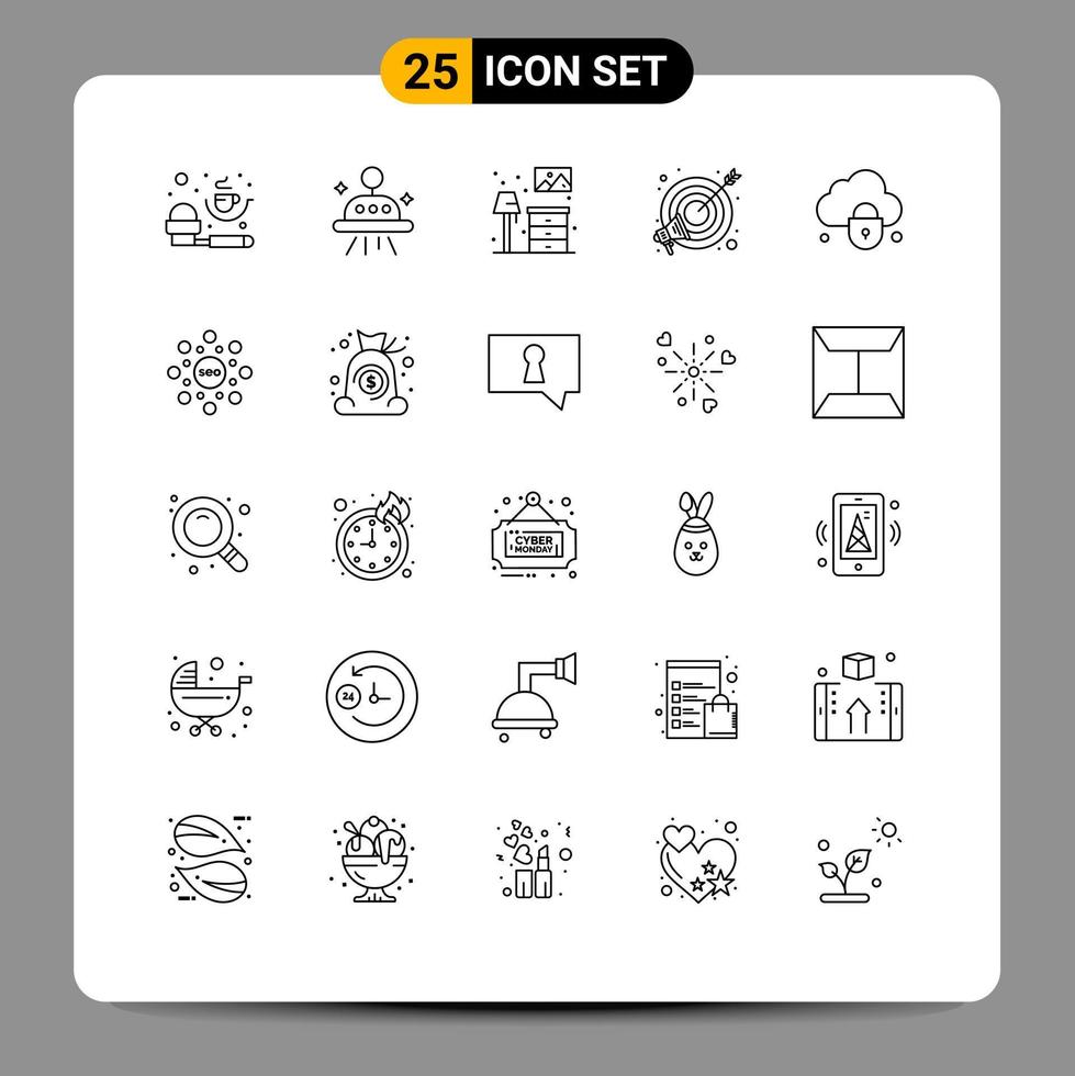 25 User Interface Line Pack of modern Signs and Symbols of lock internet living marketing target Editable Vector Design Elements