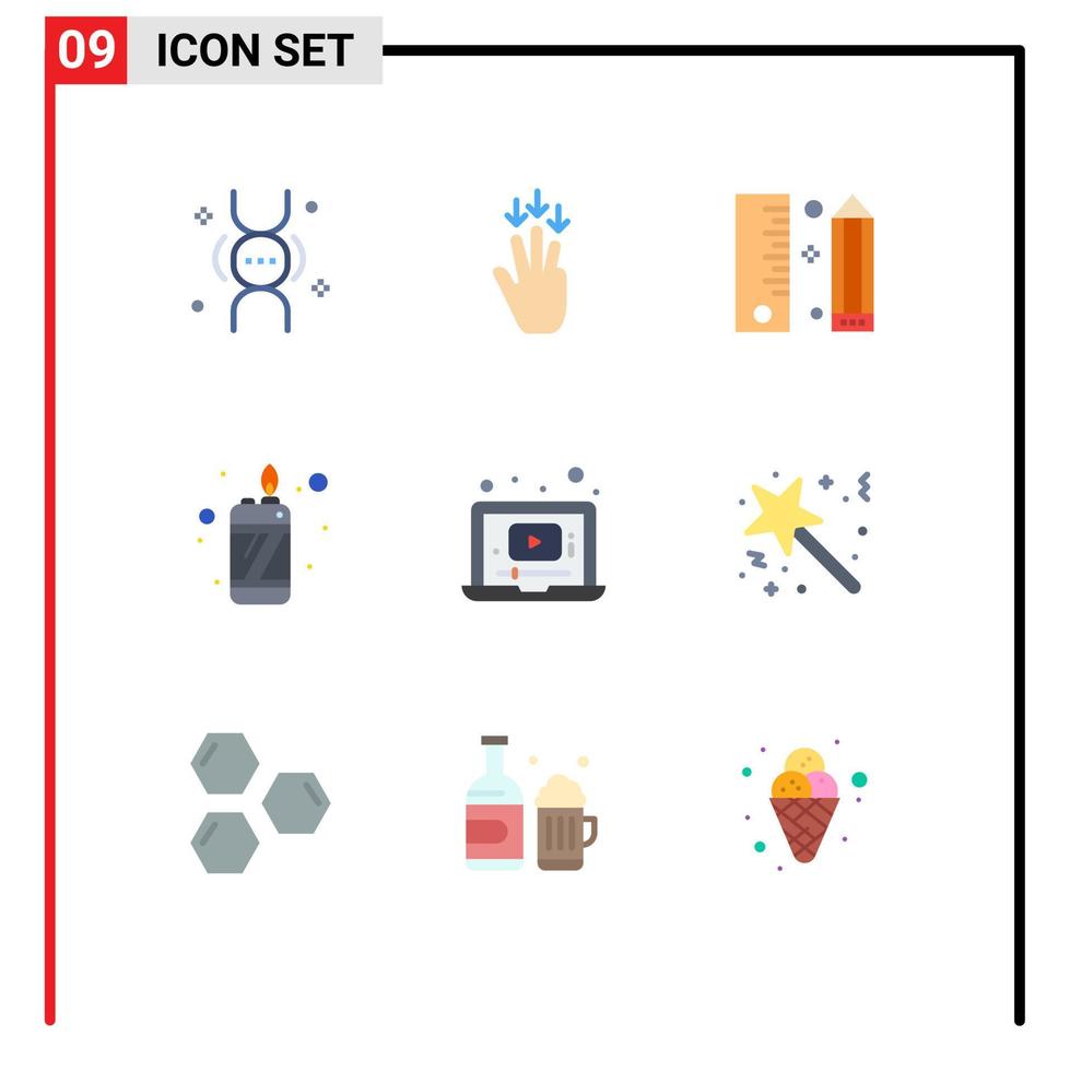 Universal Icon Symbols Group of 9 Modern Flat Colors of video lighter coding flame programing Editable Vector Design Elements