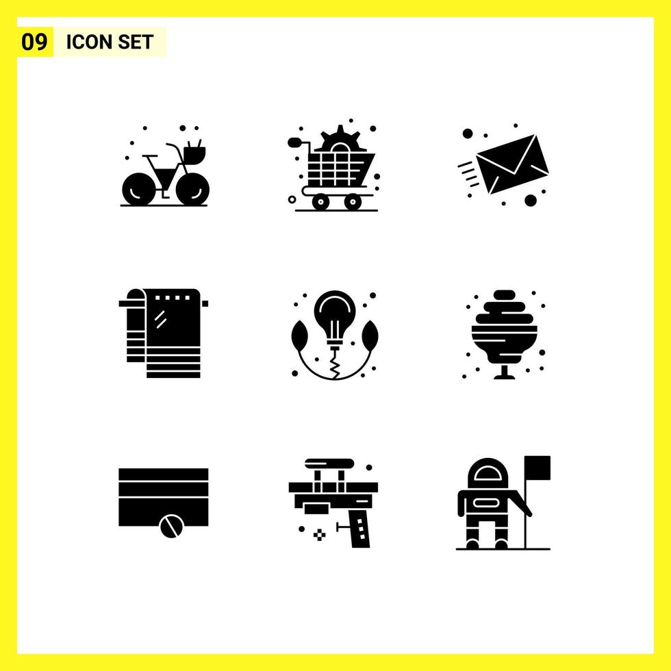 Pictogram Set of 9 Simple Solid Glyphs of bulb wiping email towel bath Editable Vector Design Elements