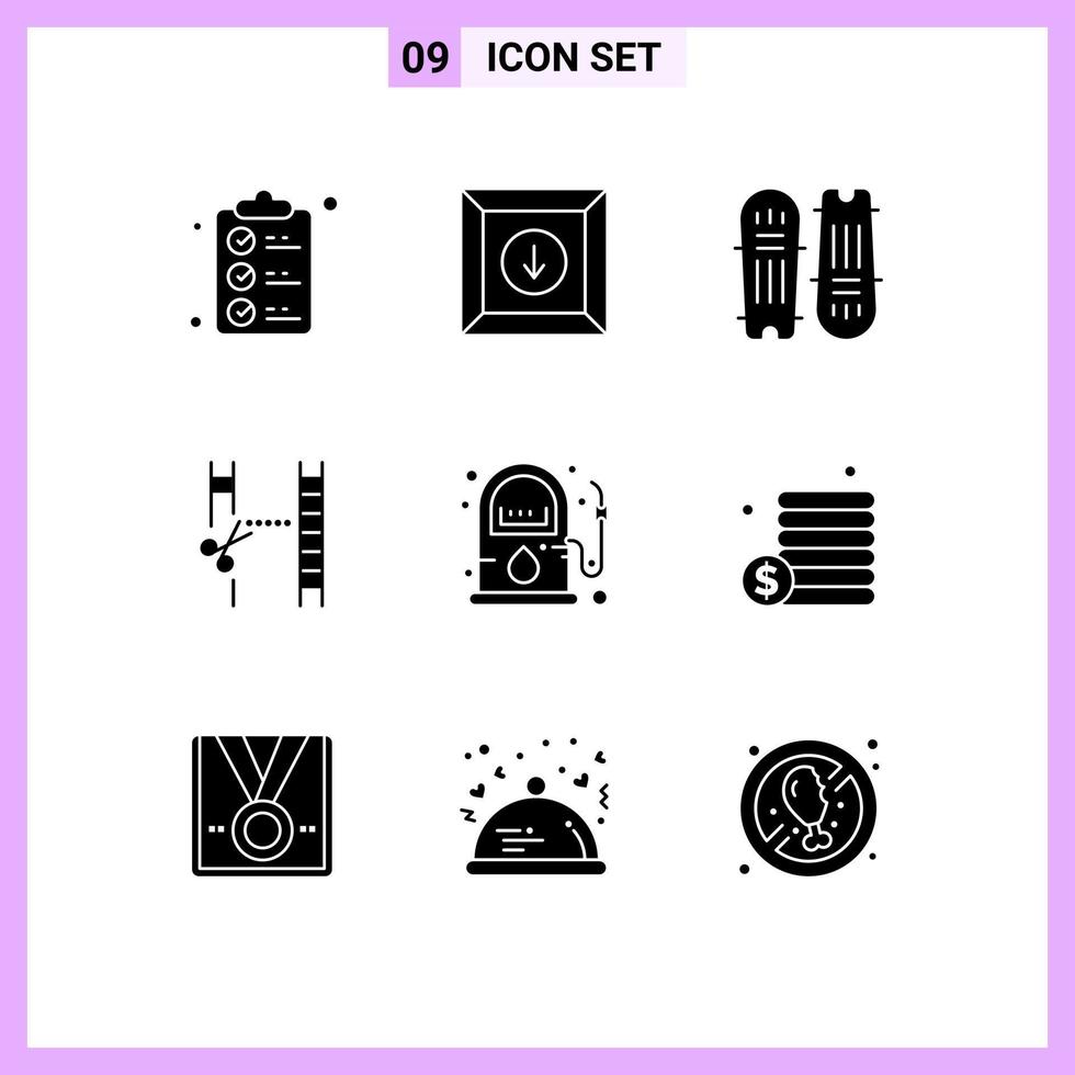 Modern Set of 9 Solid Glyphs and symbols such as gas editing cricket ball cutting cinema Editable Vector Design Elements