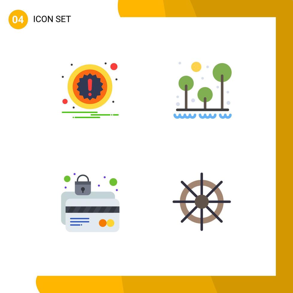 paquete de 4 signos y símbolos de iconos planos modernos para medios de impresión web, como protección de tarjeta de alerta, bloqueo de supervivencia para acampar, elementos de diseño vectorial editables vector