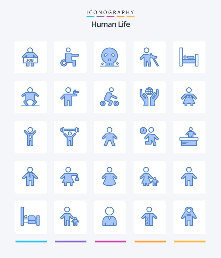 paquete de iconos azules humanos creativos 25 como la cama. gente. silla de ruedas. viejo. cráneo vector