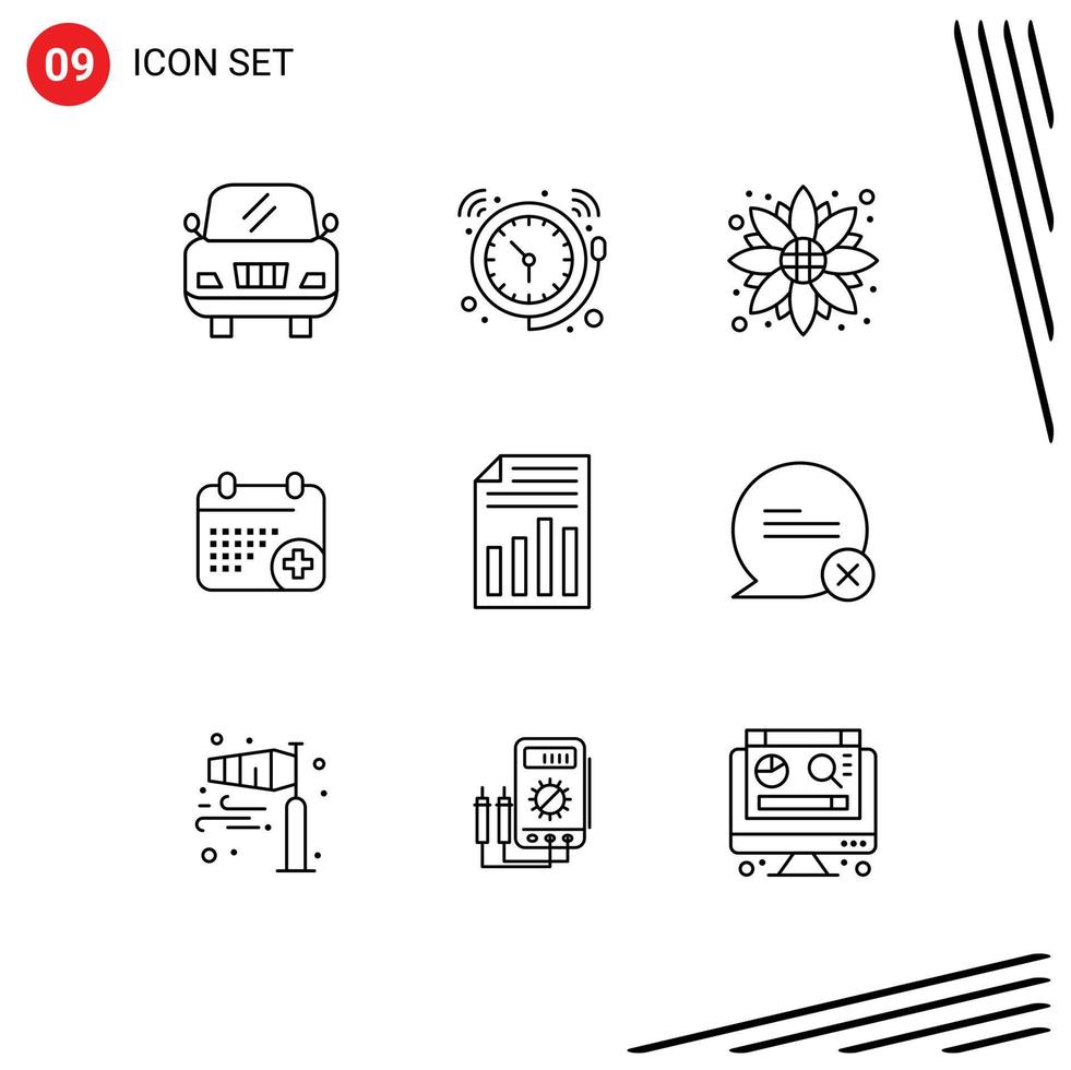Editable Vector Line Pack of 9 Simple Outlines of page document flower day calender Editable Vector Design Elements