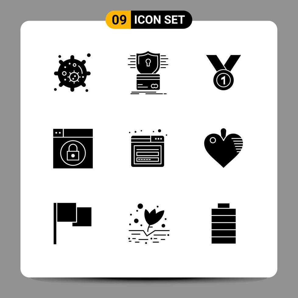 Editable Vector Line Pack of 9 Simple Solid Glyphs of lock web winner win medal Editable Vector Design Elements