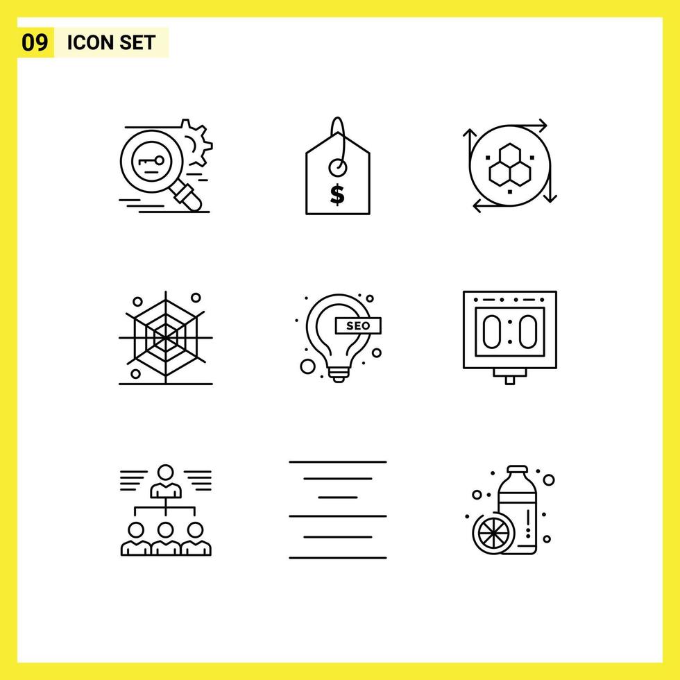 Group of 9 Modern Outlines Set for lamp bulb computer graphics spider halloween Editable Vector Design Elements