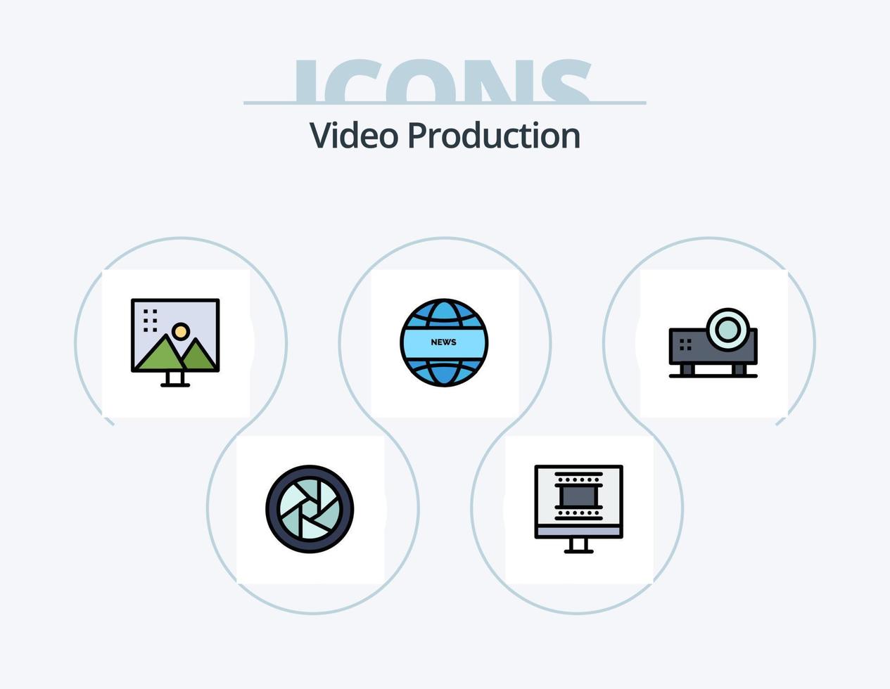 línea de producción de video lleno de icono paquete 5 diseño de icono. publicidad en video vídeo famoso. dispositivo periférico. tablero de destino. objetivo de los medios vector