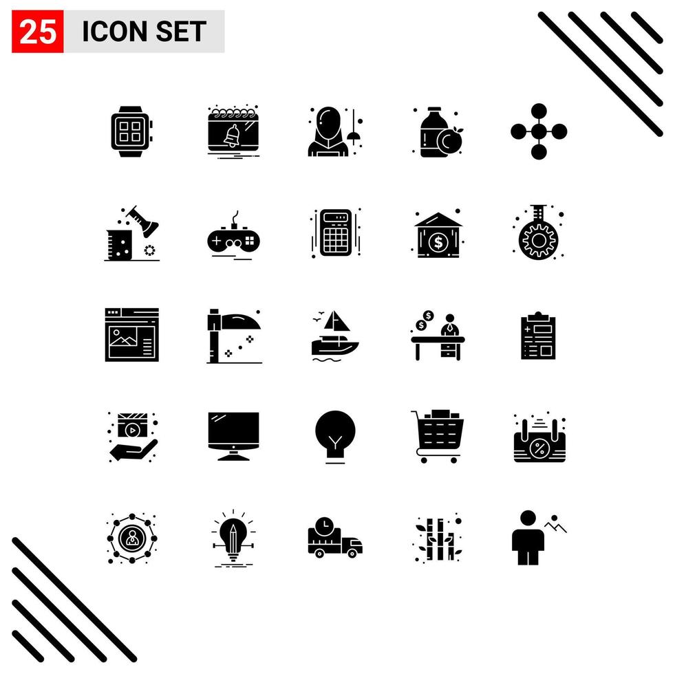 Editable Vector Line Pack of 25 Simple Solid Glyphs of central orange notification bottle man Editable Vector Design Elements