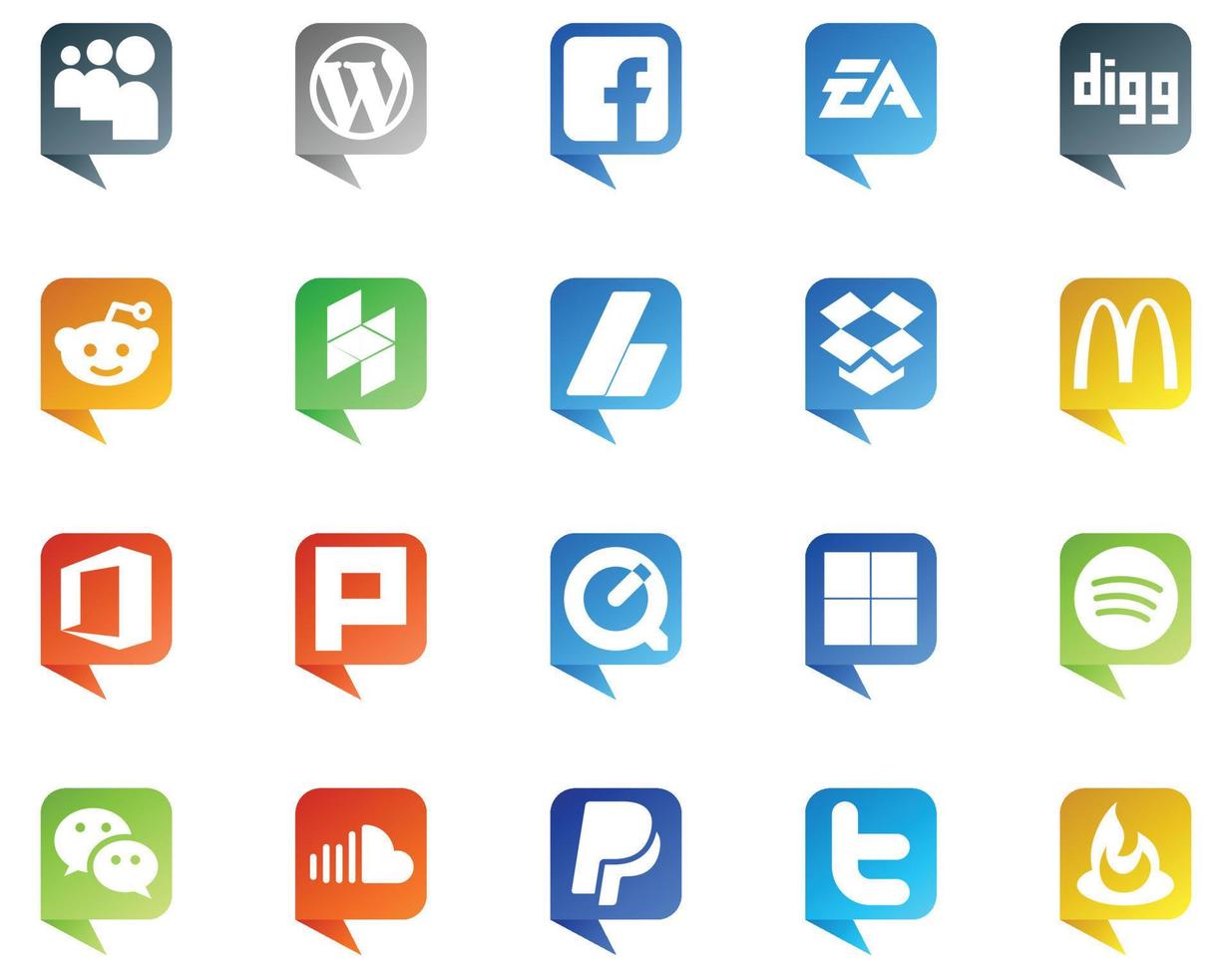 20 logotipos de estilo de burbujas de discurso de redes sociales como delicioso plurk reddit office dropbox vector