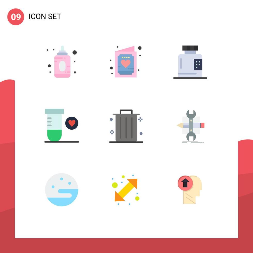 User Interface Pack of 9 Basic Flat Colors of dustbin space bottle science health Editable Vector Design Elements