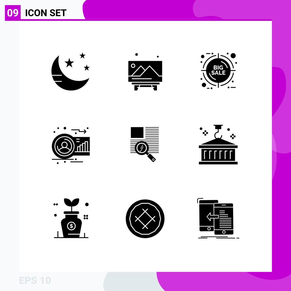 Mobile Interface Solid Glyph Set of 9 Pictograms of line human target graph analysis Editable Vector Design Elements