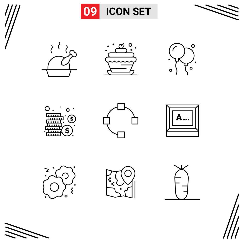 Mobile Interface Outline Set of 9 Pictograms of typing points fly path money Editable Vector Design Elements