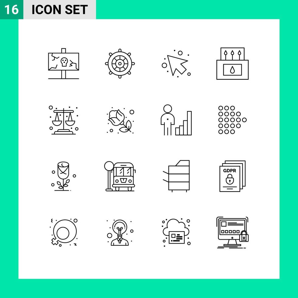 Set of 16 Modern UI Icons Symbols Signs for justice nature steering the boat matches adventure Editable Vector Design Elements