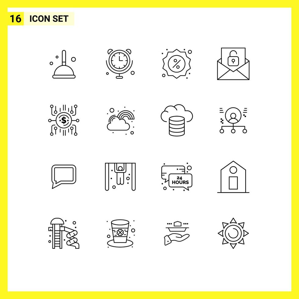 Group of 16 Modern Outlines Set for crowdfunding unlock badge envelope communication Editable Vector Design Elements