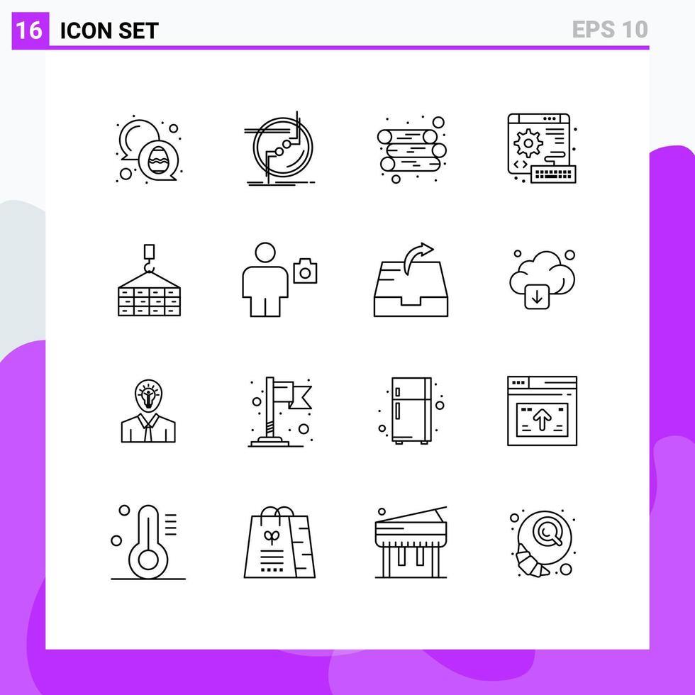 Group of 16 Outlines Signs and Symbols for cargo gear wire keyboard digital Editable Vector Design Elements