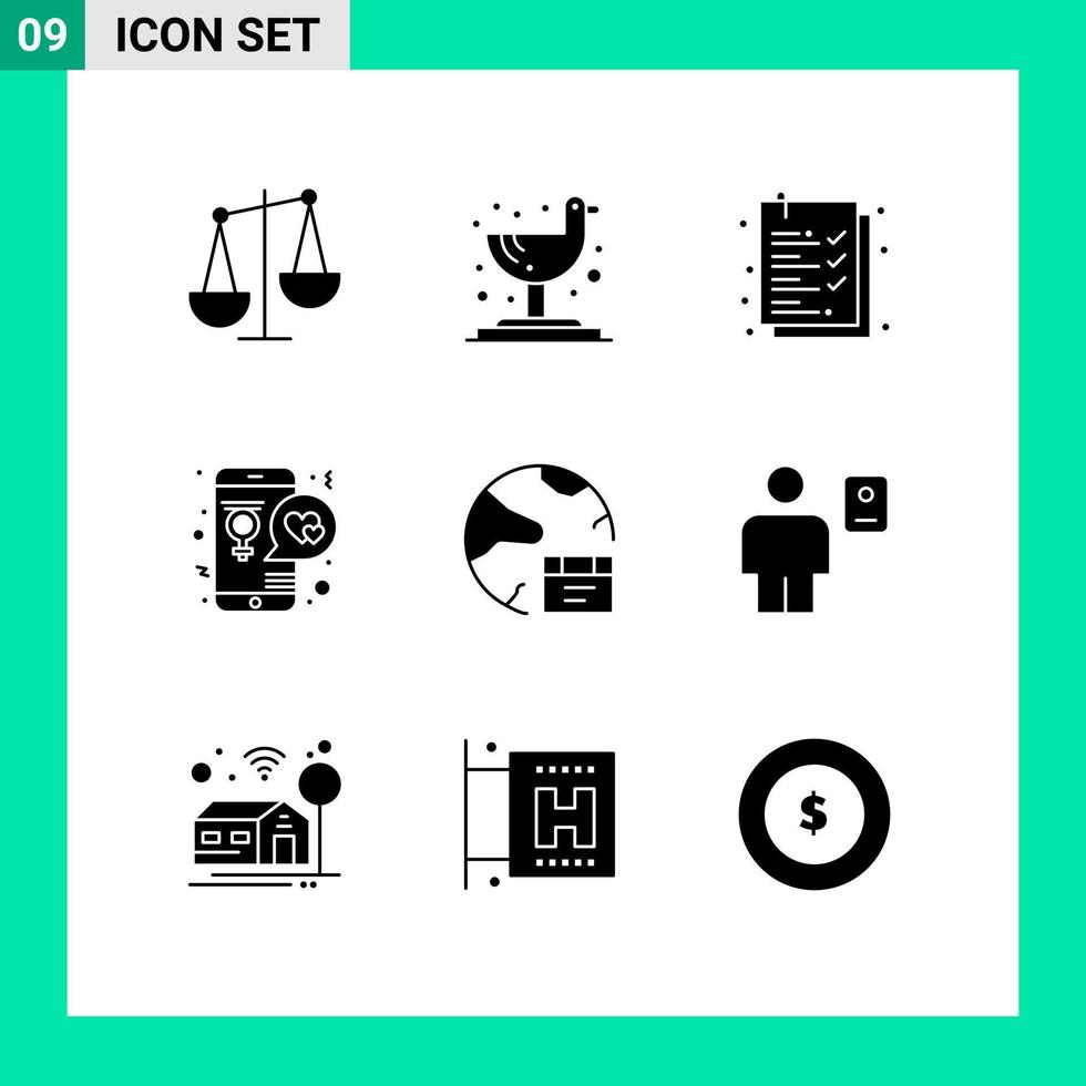 Universal Icon Symbols Group of 9 Modern Solid Glyphs of develop app clipboard mobile love Editable Vector Design Elements