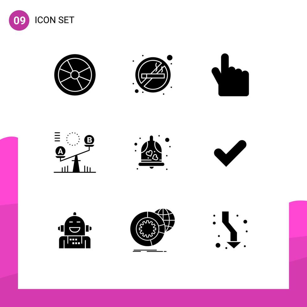 Solid Glyph Pack of 9 Universal Symbols of love lift smoking seesaw balance Editable Vector Design Elements