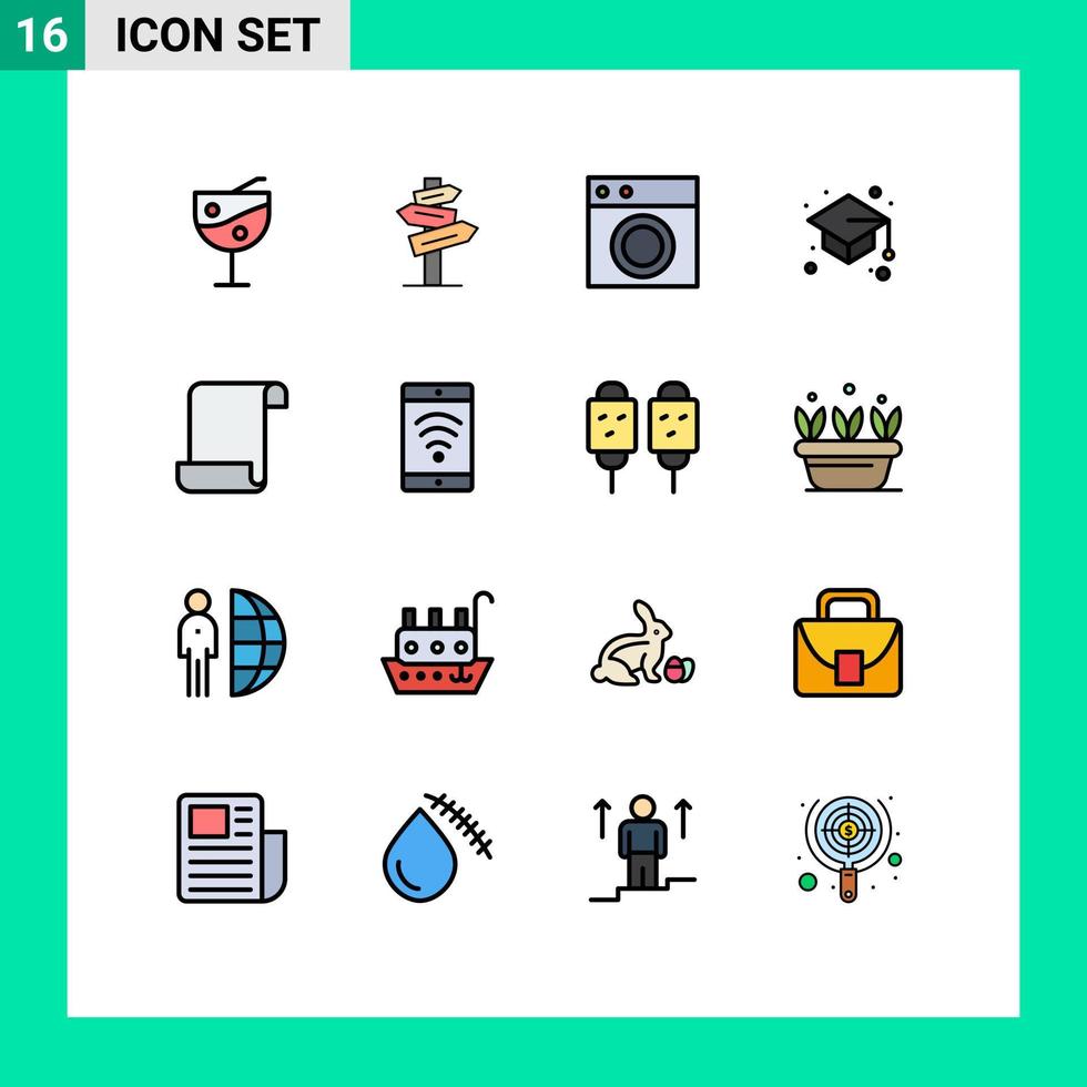 Modern Set of 16 Flat Color Filled Lines and symbols such as log study furniture graduate cap back to school Editable Creative Vector Design Elements