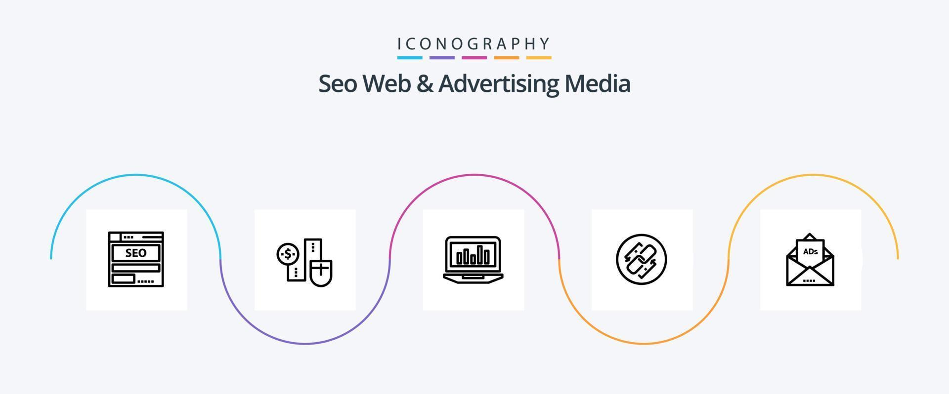 paquete de iconos de la línea 5 de medios publicitarios y web seo, incluida la cadena. Estadísticas. dinero. supervisión. grafico vector