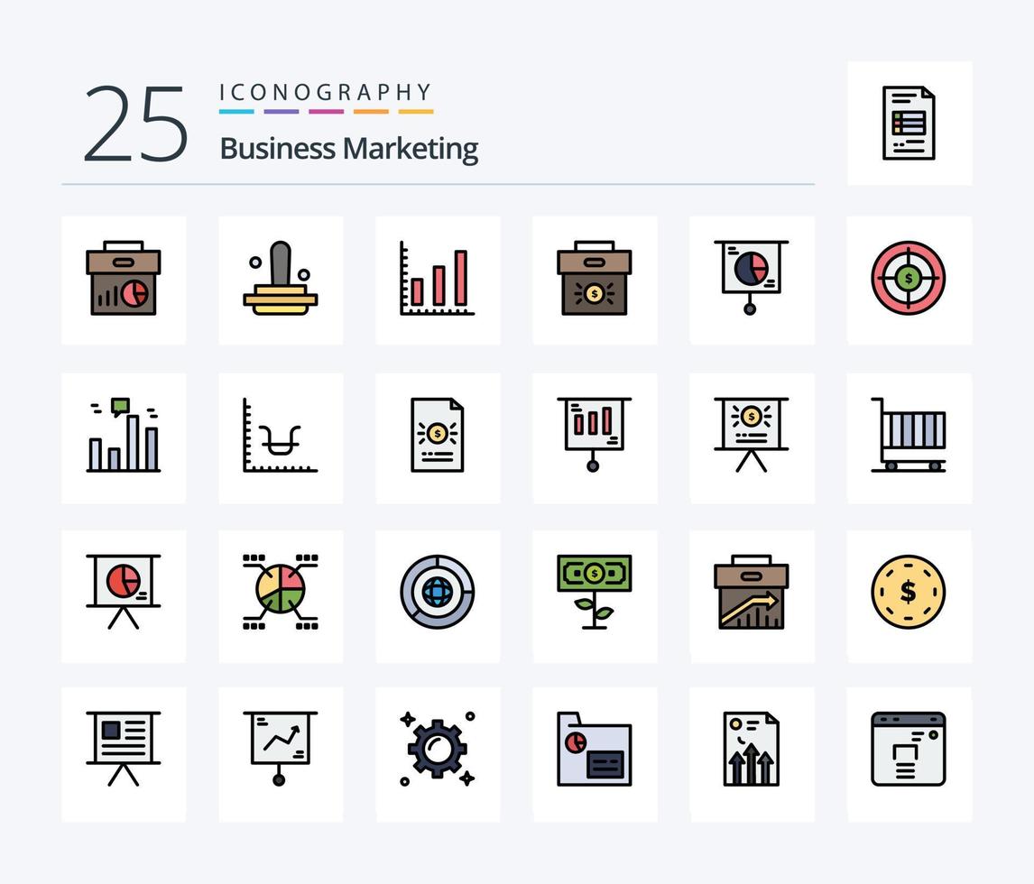 Business Marketing 25 Line Filled icon pack including economy. business. stamp. bag. stats vector