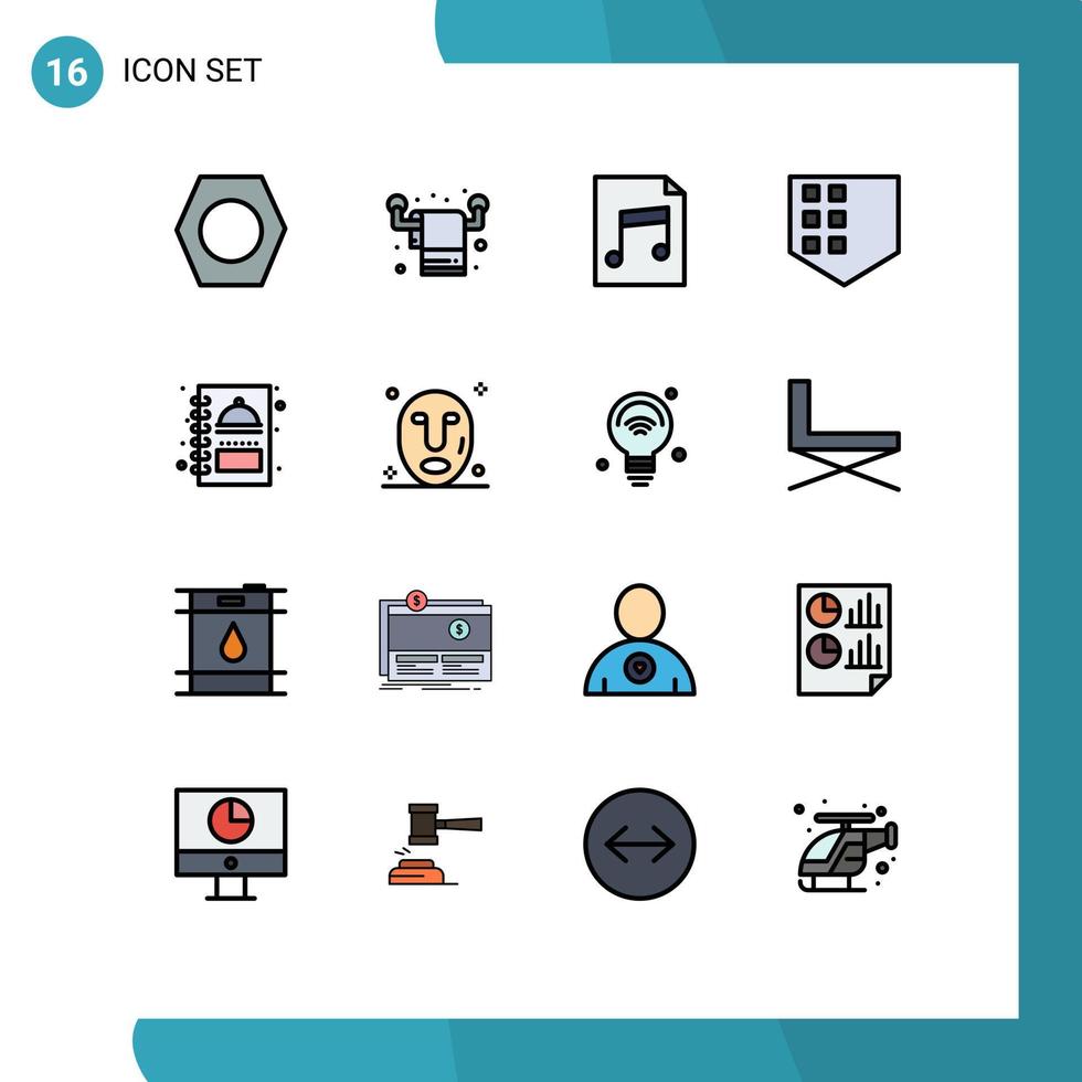 Modern Set of 16 Flat Color Filled Lines and symbols such as facial menu book document menu shield Editable Creative Vector Design Elements