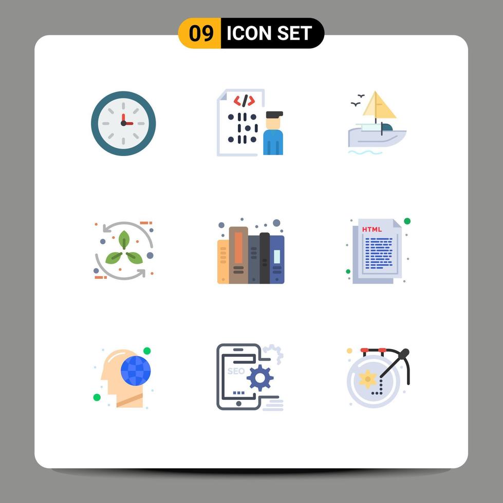 User Interface Pack of 9 Basic Flat Colors of recycle eco programming cycle vessel Editable Vector Design Elements