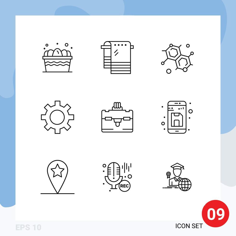 Modern Set of 9 Outlines and symbols such as back tourist chemist bag gear Editable Vector Design Elements