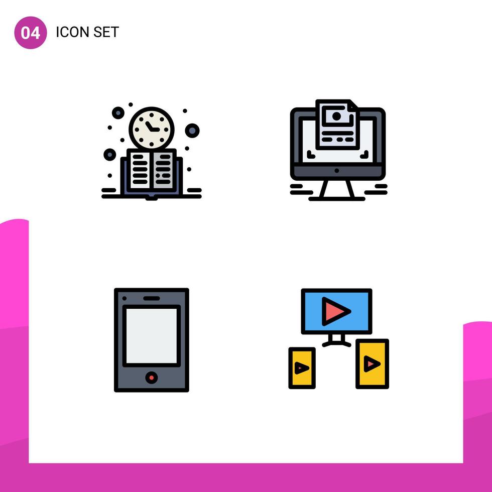 User Interface Pack of 4 Basic Filledline Flat Colors of book devices schedule computer phone Editable Vector Design Elements