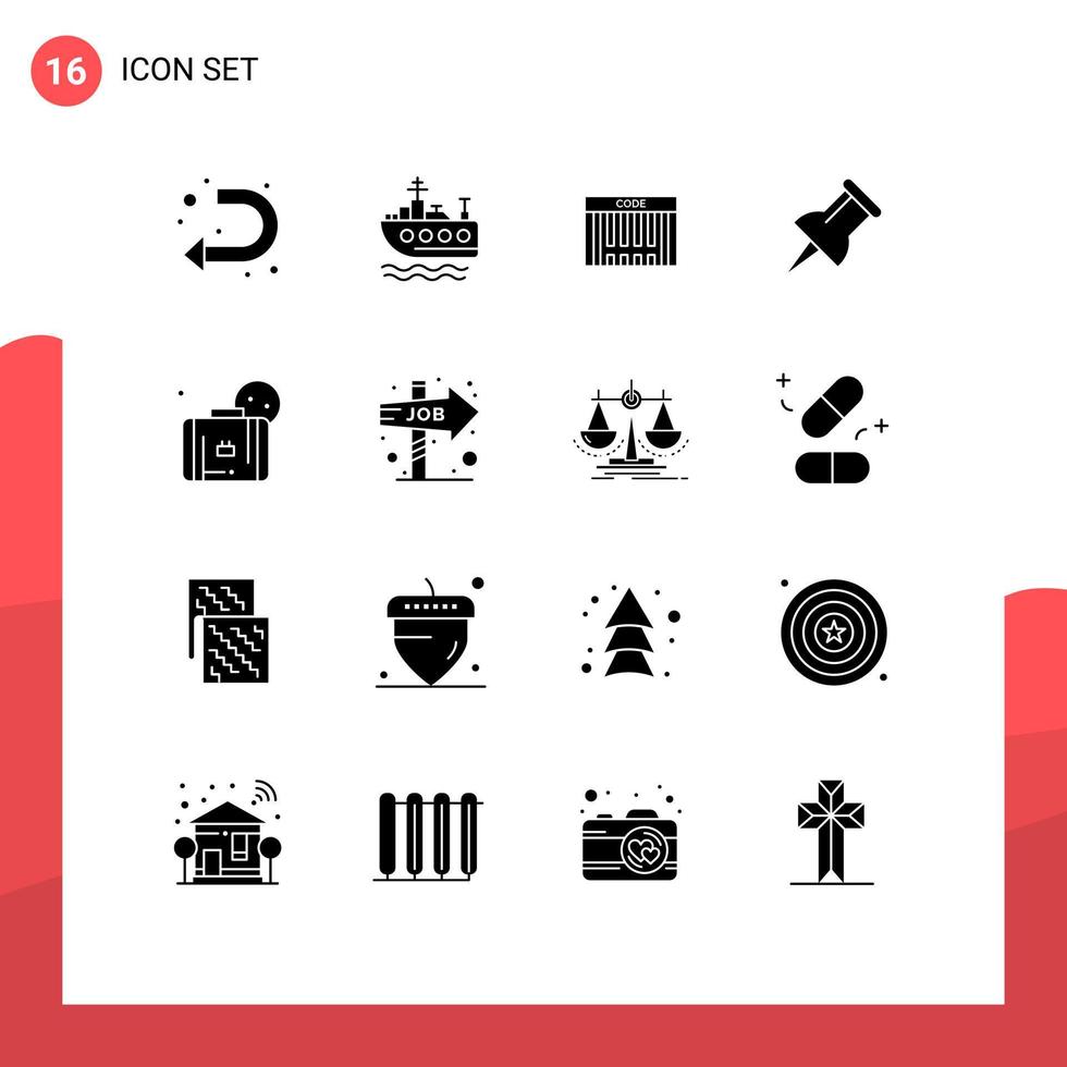 Pack of 16 creative Solid Glyphs of career sun barcode summer pin Editable Vector Design Elements