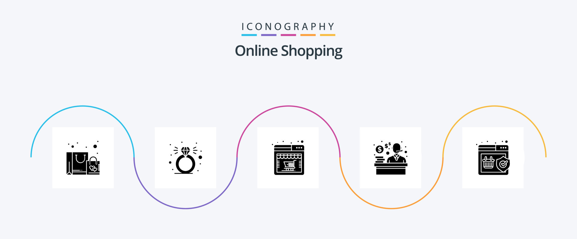 Online Shopping Glyph 5 Icon Pack Including shopping. shield. shop