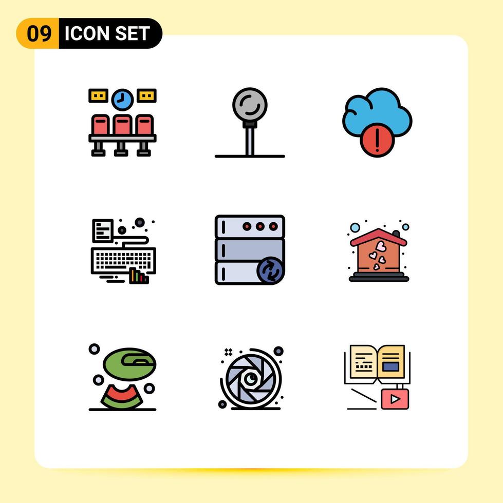 Pack of 9 Modern Filledline Flat Colors Signs and Symbols for Web Print Media such as sync database alert attach keyboard Editable Vector Design Elements