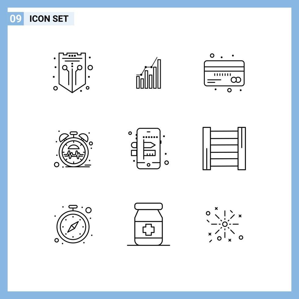 Pictogram Set of 9 Simple Outlines of beat debit diagram currency card Editable Vector Design Elements