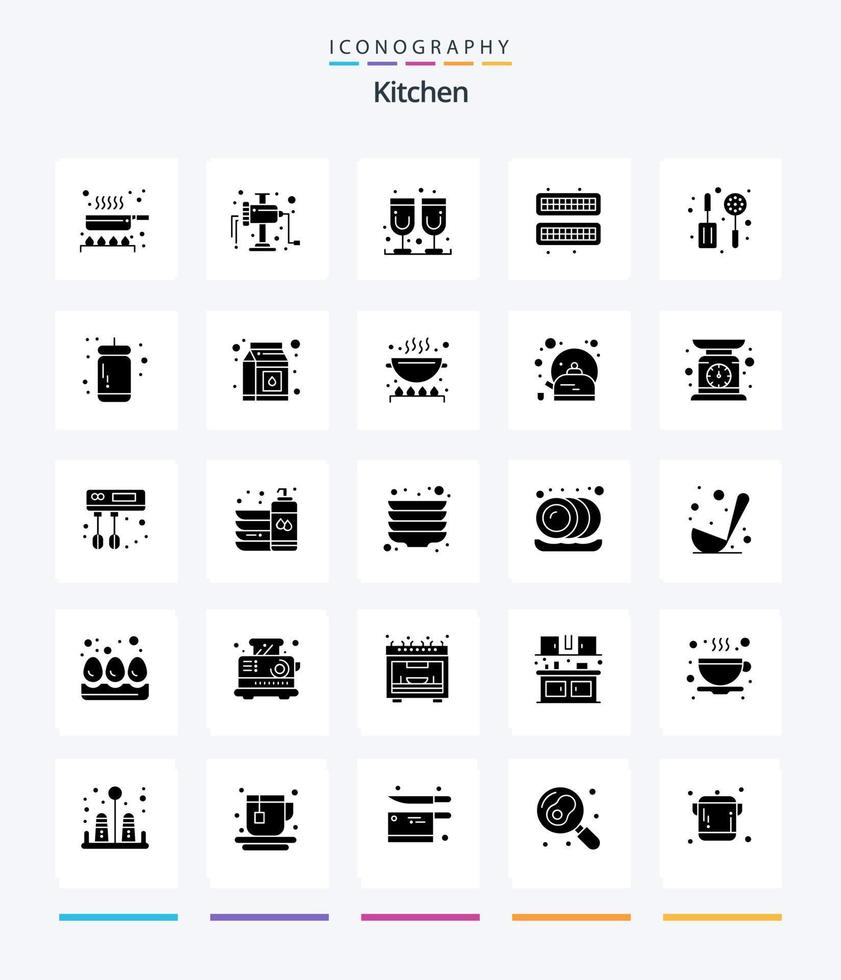 paquete de iconos de cocina creativa de 25 glifos en negro sólido, como el ketchup. desnatadora. jugo. cocina. hielo vector