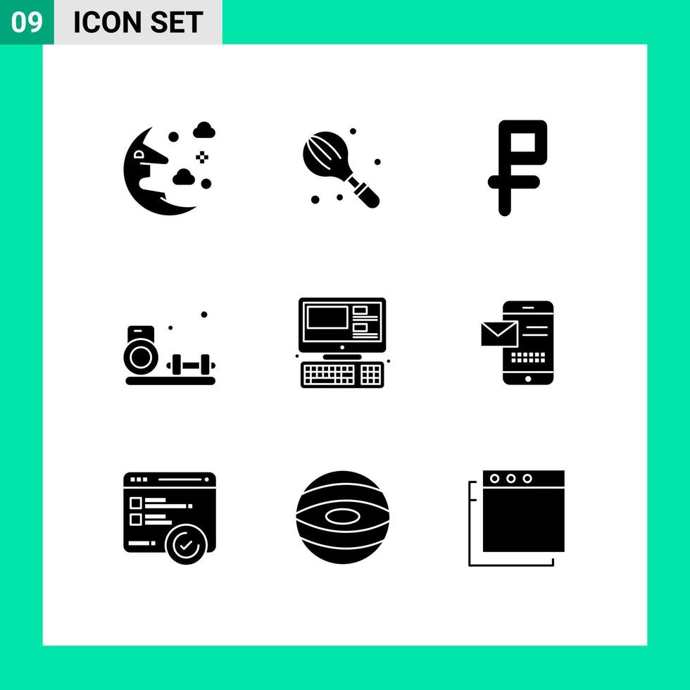 Group of 9 Solid Glyphs Signs and Symbols for monitor gym mixer fitness hobbies Editable Vector Design Elements