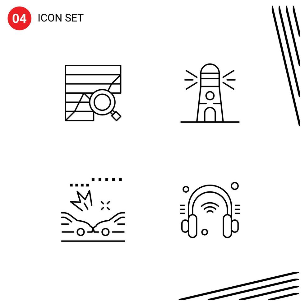 Mobile Interface Line Set of 4 Pictograms of analysis house chart lighthouse crash Editable Vector Design Elements