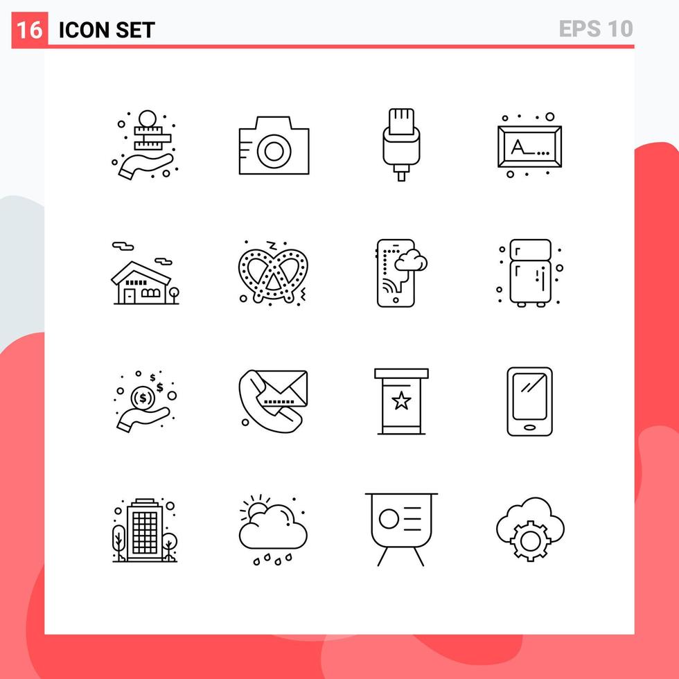 Mobile Interface Outline Set of 16 Pictograms of house building cable picture frame Editable Vector Design Elements