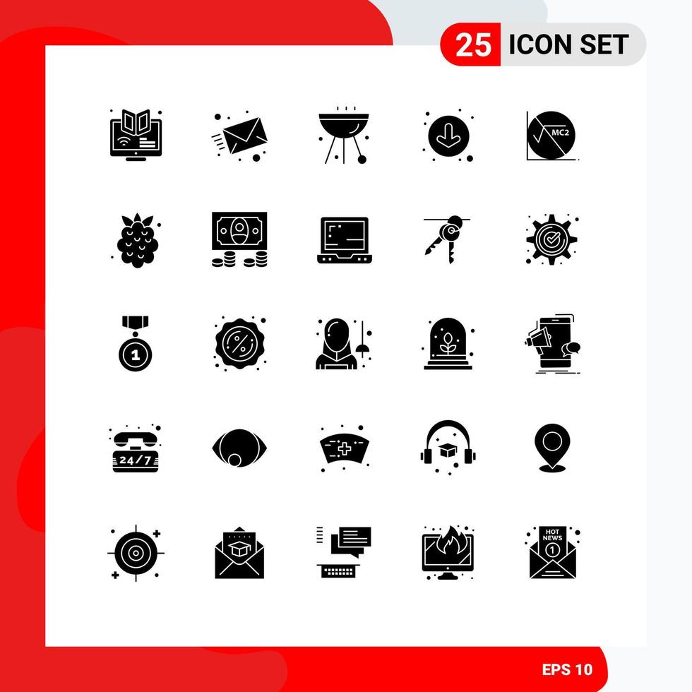 paquete de 25 signos y símbolos de glifos sólidos modernos para medios de impresión web, como flechas hacia abajo, mensaje, parrilla, café, elementos de diseño de vectores editables