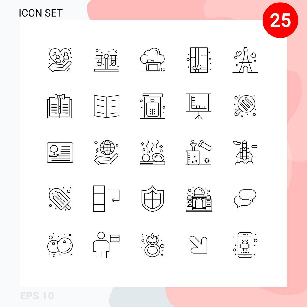 Group of 25 Lines Signs and Symbols for love gift box folder present share Editable Vector Design Elements