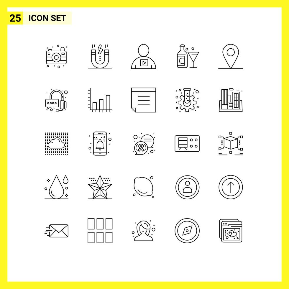 Mobile Interface Line Set of 25 Pictograms of location bottle avatar glass video Editable Vector Design Elements