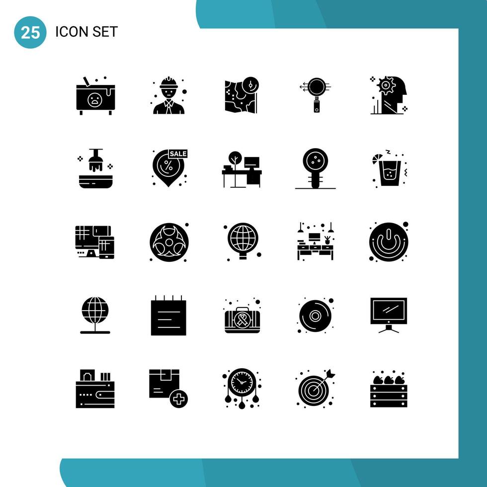 25 Universal Solid Glyph Signs Symbols of mind e search map glass location Editable Vector Design Elements