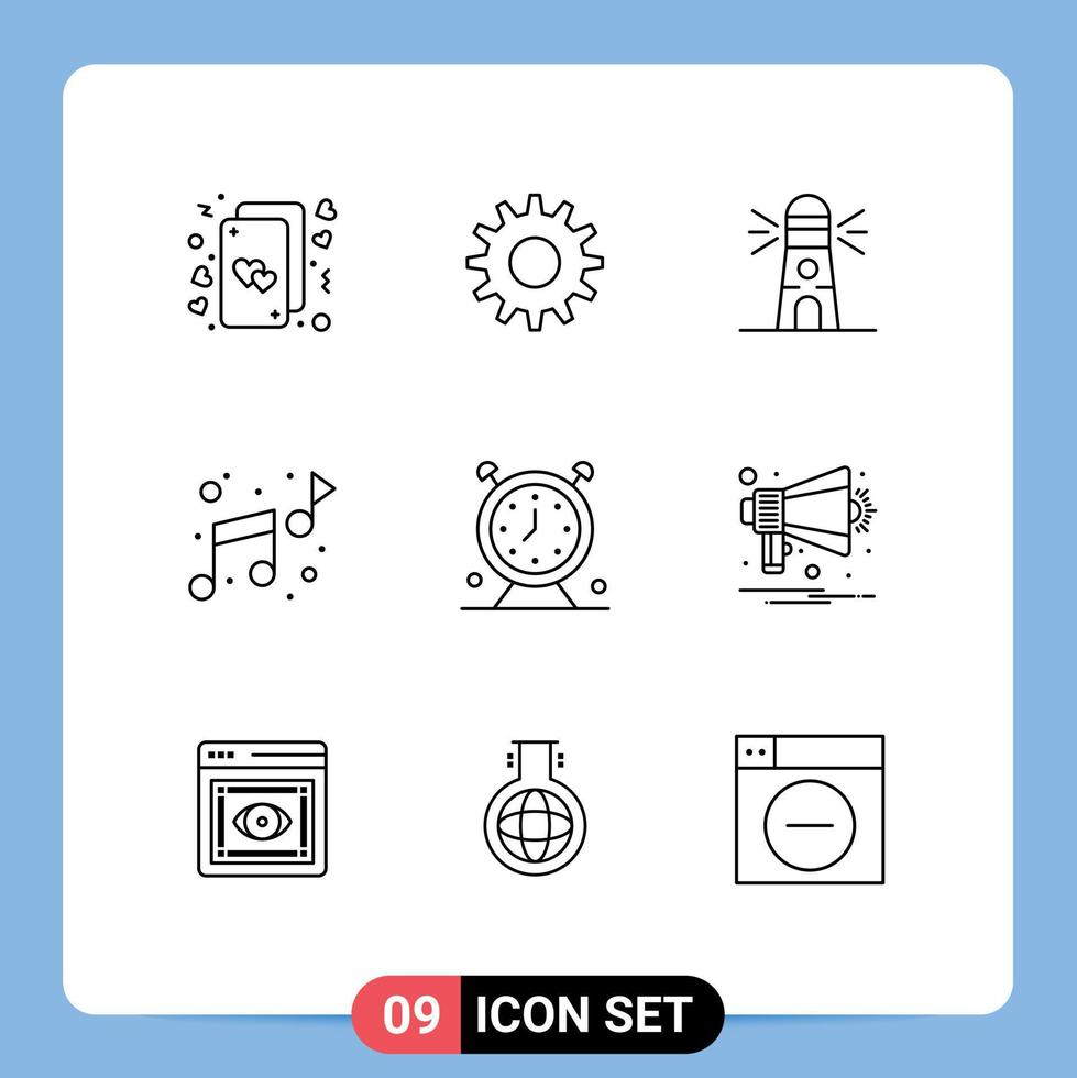 Mobile Interface Outline Set of 9 Pictograms of schedule alarm lighthouse sound music Editable Vector Design Elements