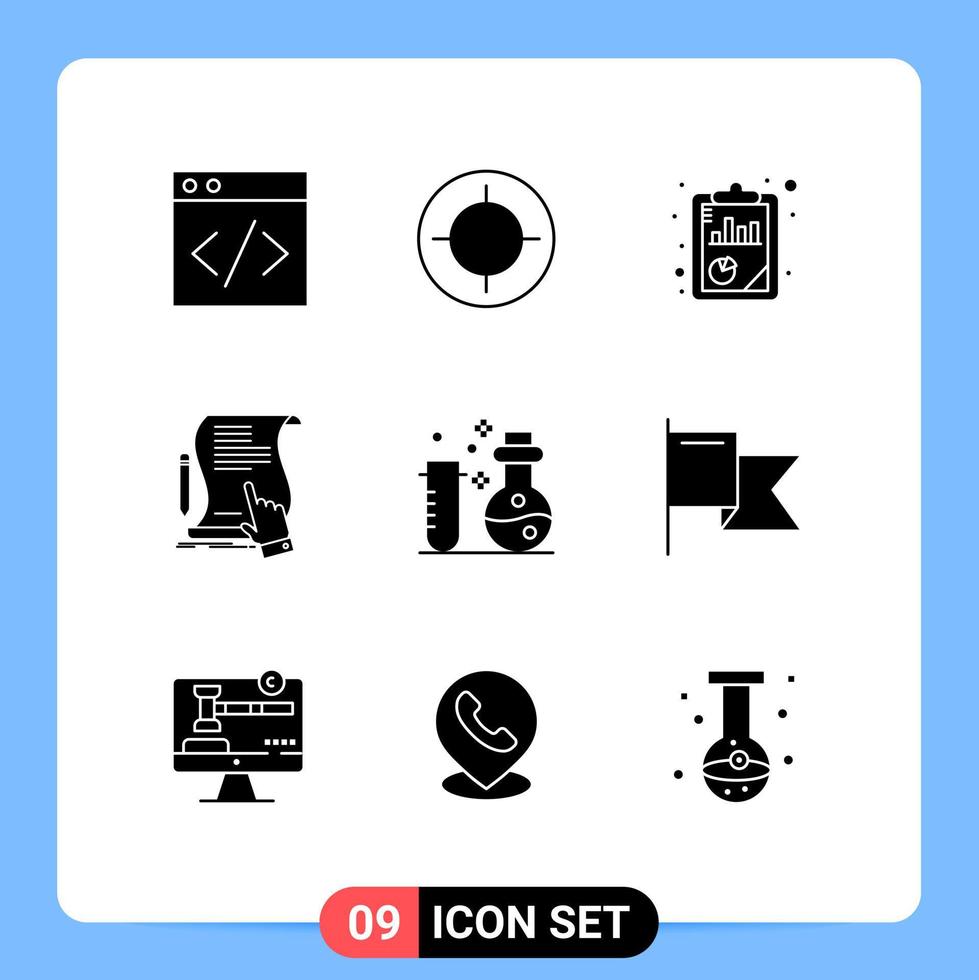 Pictogram Set of 9 Simple Solid Glyphs of chemistry agreement report sign document Editable Vector Design Elements