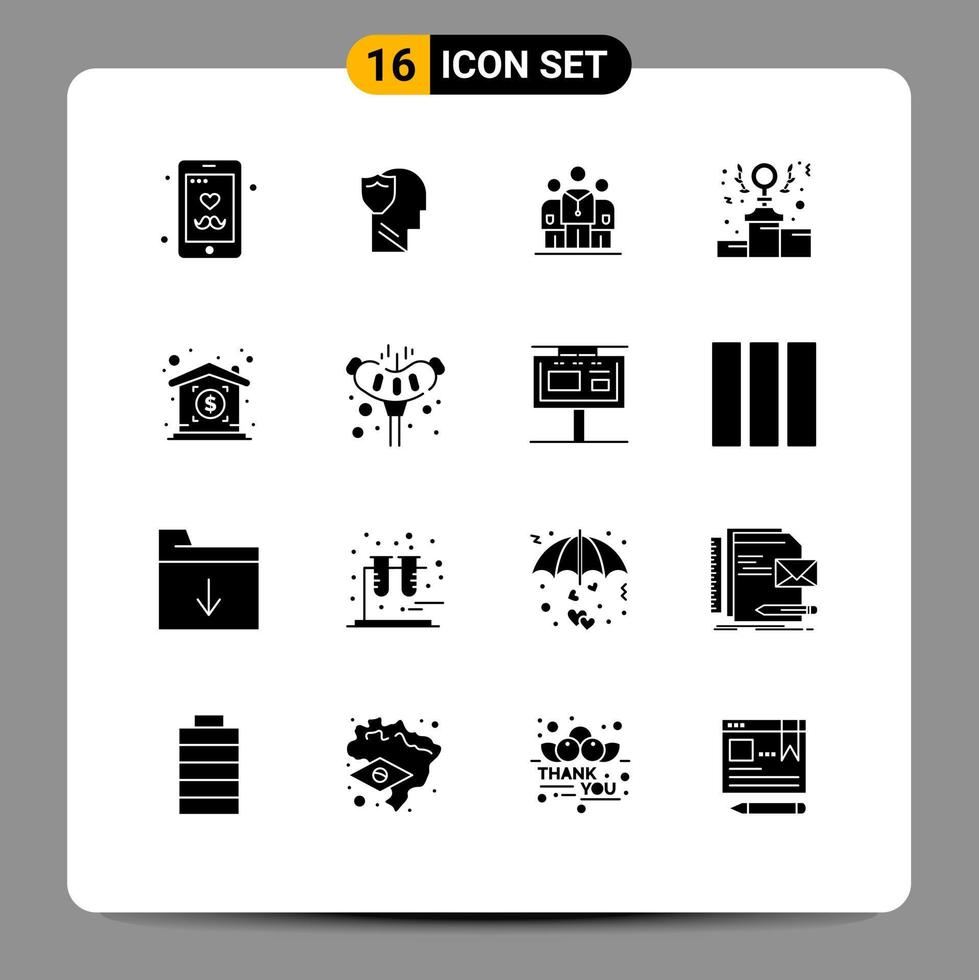 Mobile Interface Solid Glyph Set of 16 Pictograms of investment power data feminism hospital Editable Vector Design Elements