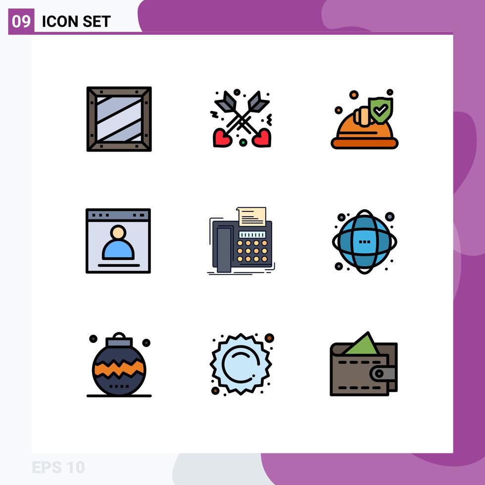 paquete de 9 modernos signos y símbolos de colores planos de línea rellena para medios de impresión web, como elementos de diseño de vectores editables del navegador de inicio de sesión de página de fax