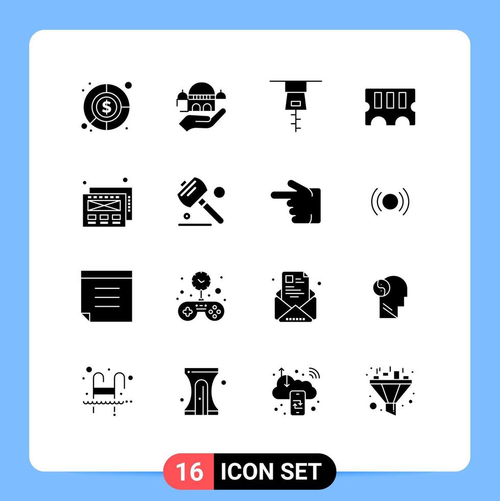Mobile Interface Solid Glyph Set of 16 Pictograms of finger hand zipper saw mockup design Editable Vector Design Elements