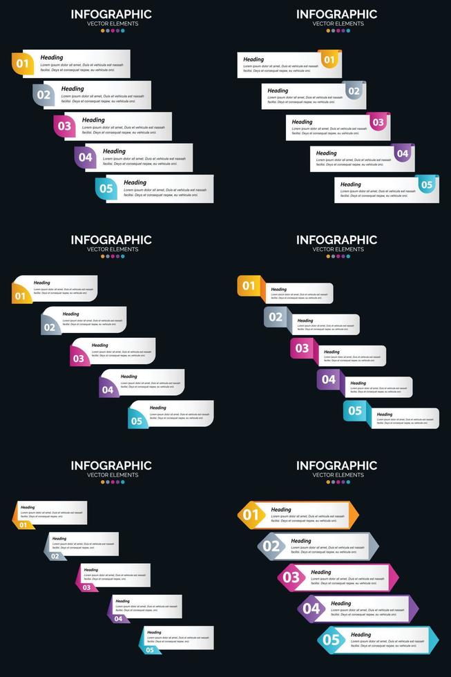 plantilla de diapositiva de presentación del paquete de infografías vectoriales 6 diagramas de ciclo de 5 pasos y líneas de tiempo vector