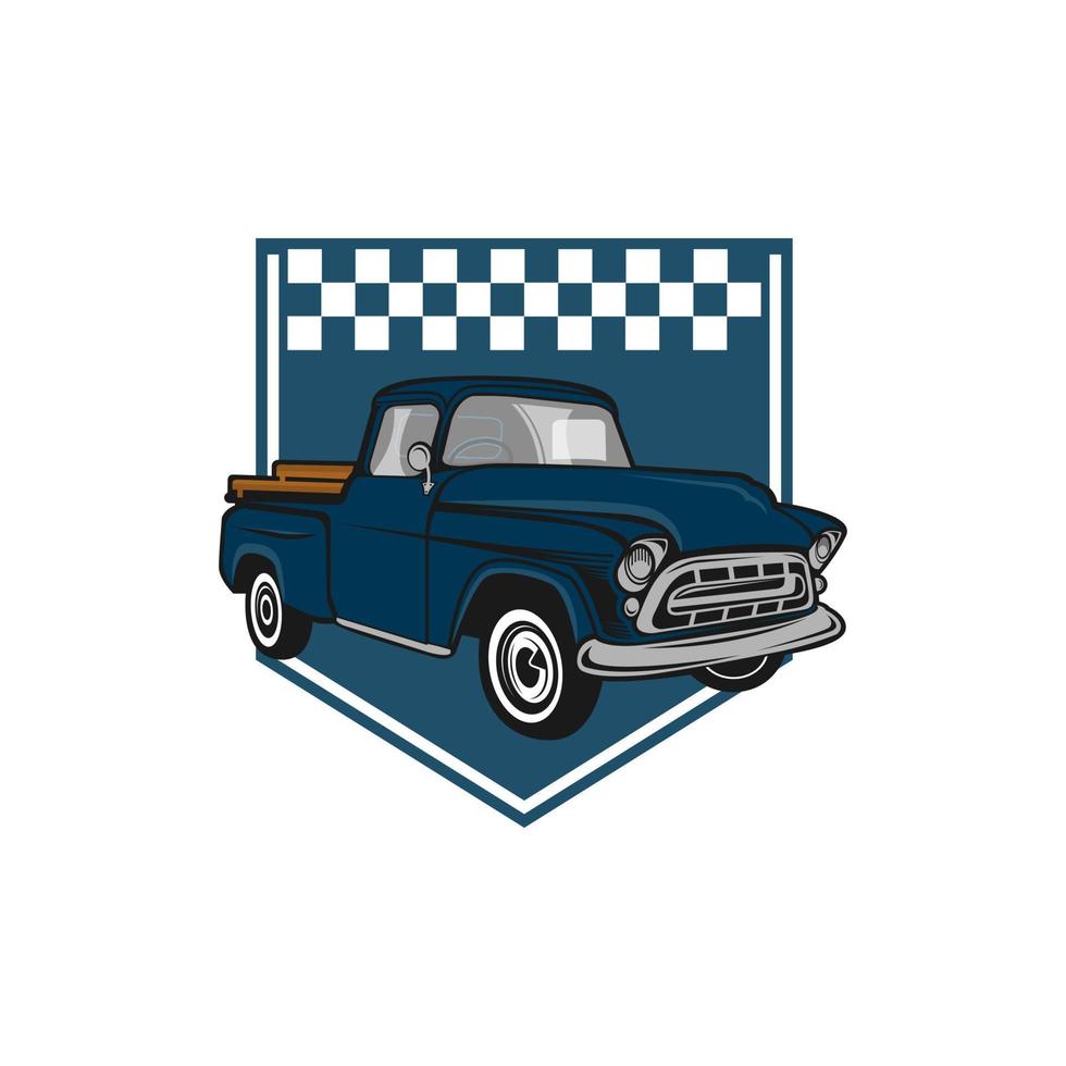 Retro car repair garage sign with retro style truck. Custom restoration shop. Truck  illustration of classic retro style truck. Isolated on grey. vector