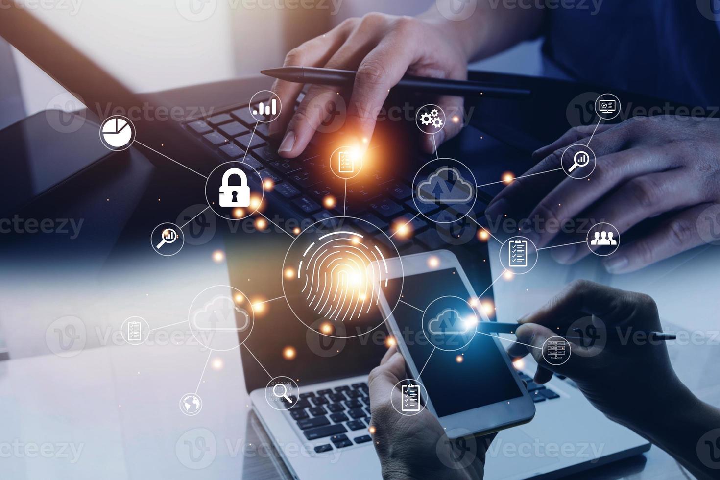 businessmen Fingerprint scanning and biometric authentication, processing of biometric for access personal data. surveillance and security scanning of digital programs cyber futuristic applications photo