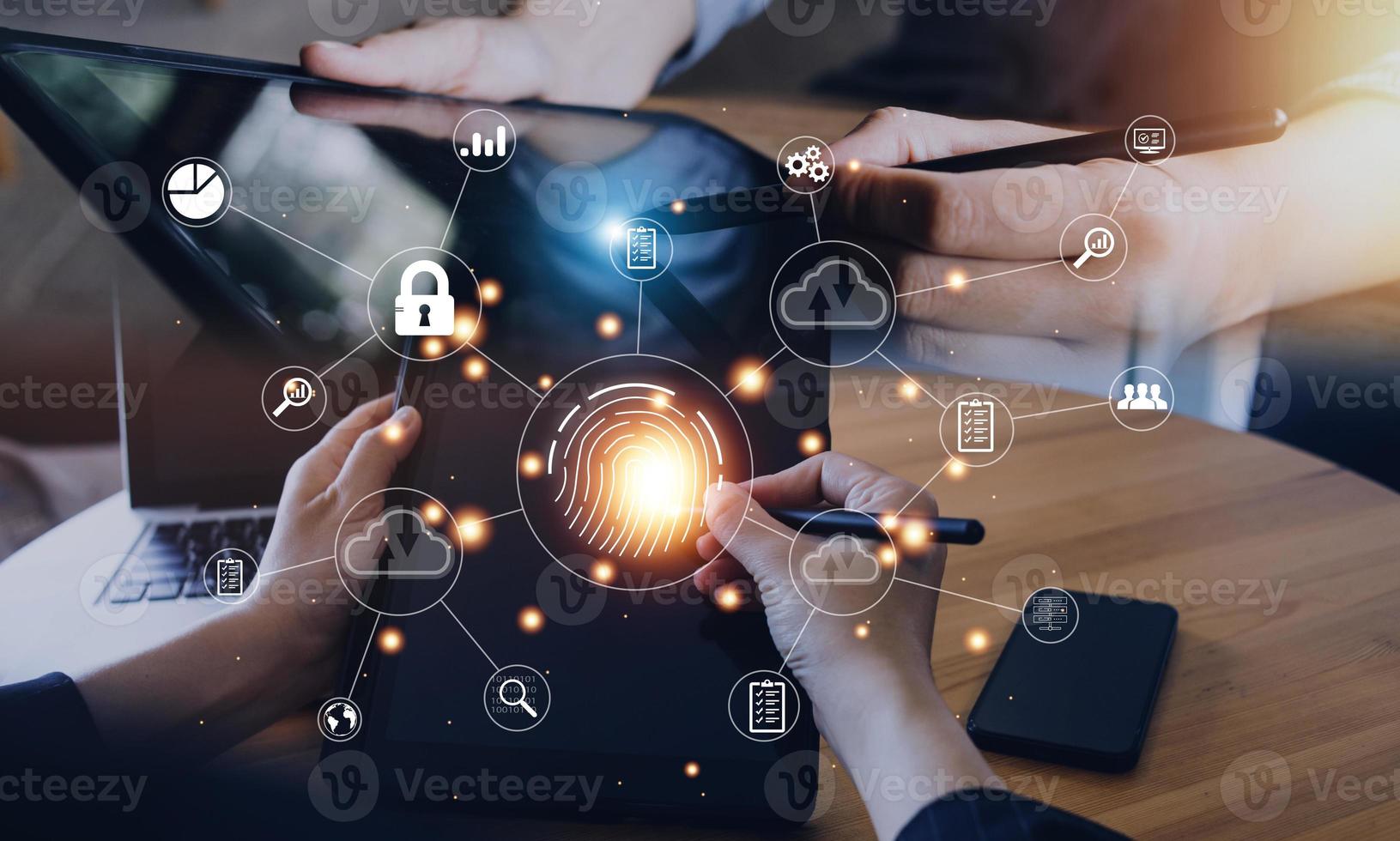 businessmen Fingerprint scanning and biometric authentication, processing of biometric for access personal data. surveillance and security scanning of digital programs cyber futuristic applications photo